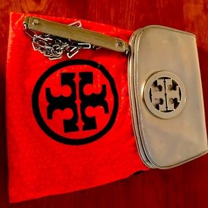 Tory Burch silver clutch w/ shoulder strap dustbag